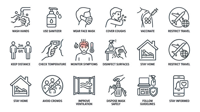 Coronavirus health safety and prevention line icon set.