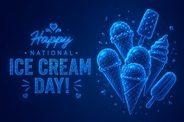 Naklejka premium Celebratory greeting for national ice cream day featuring various low poly neon ice cream treats. low poly futuristic neon blue national ice. low poly futuristic neon blue national ice cream month