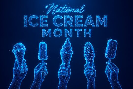 Human hands holding various ice cream desserts created with a digital wireframe style. low poly futuristic neon blue national ice cream. low. poly futuristic neon blue national ice cream month