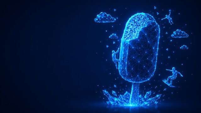 Futuristic digital popsicle with clouds and surfing figure. low poly futuristic neon blue national ice cream month, popsicle, abstract. low. poly futuristic neon blue national ice cream month