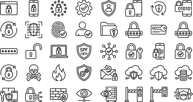Cybersecurity and data protection line icon set featuring network privacy locks firewalls and cloud database shields
