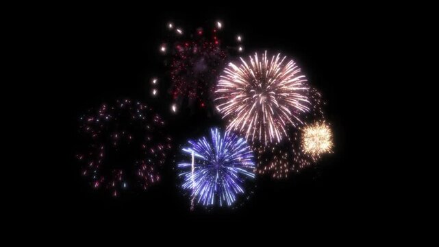 Vibrant fireworks exploding in night sky with heart shaped lights