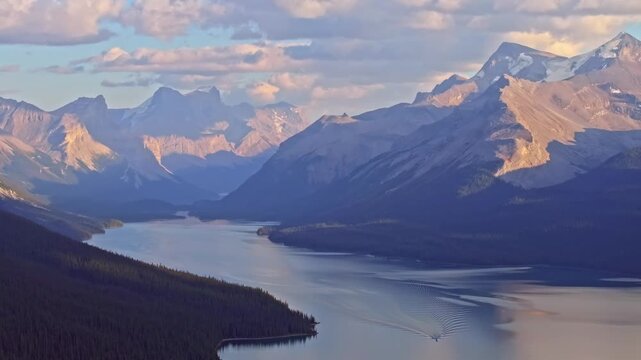 Beautiful view of Maligne Lake, the largest natural lake in the Canadian Rockies in Jasper National Park in Alberta, Canada