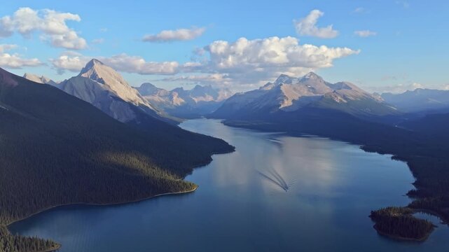 Beautiful view of Maligne Lake, the largest natural lake in the Canadian Rockies in Jasper National Park in Alberta, Canada