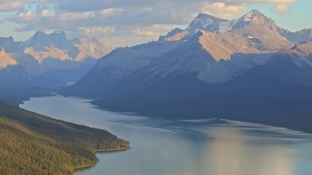 Beautiful view of Maligne Lake, the largest natural lake in the Canadian Rockies in Jasper National Park in Alberta, Canada