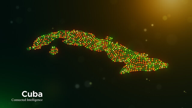 Cuba connected intelligence concept featuring a digital node network map and modern typography on a vibrant green yellow orange technology background with glowing bokeh lights.