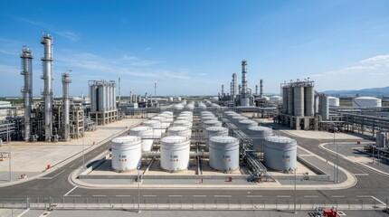 Obraz premium A large petrochemical complex sits under a clear blue sky. Multiple large storage tanks, painted white, are arranged in rows on a concrete platform.