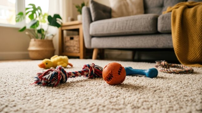 A collection of dog toys rests on a beige carpet in a cozy living room. A yellow duck, a knotted rope toy, an orange ball, and a blue dumbbell are scattered across the floor.