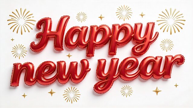 Red foil letter balloons spelling Happy New Year, golden fireworks and star decor, new year celebration graphic asset on white backdrop