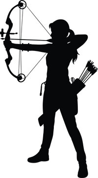 Female archer silhouette aiming compound bow with arrows in quiver vector illustration, isolated sportswoman