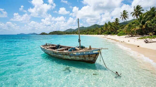 A weathered wooden boat named "Island Dream" floats in clear turquoise water near a sandy beach. Lush green palm trees and hills form a tropical backdrop.