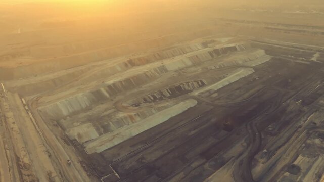 Drone pans over entire open-pit coal mine under golden hazy sunlight