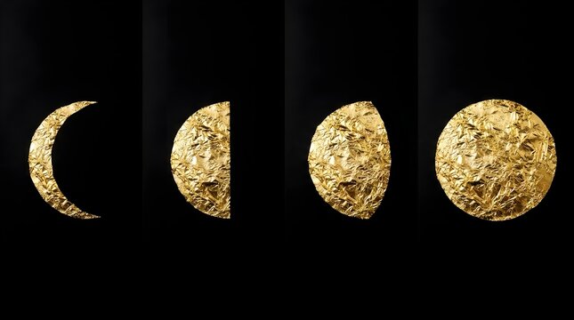 Abstract gold foil moon phases on black background