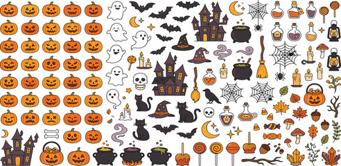 Mega Halloween elements bundle with spooky pumpkins houses ghosts candy witch hats and magical icons vector. © MDRIFAT