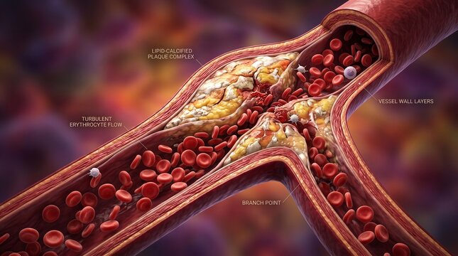 Detailed 3D illustration of atherosclerosis showing plaque buildup, turbulent blood flow, and red blood cells within a branching artery.