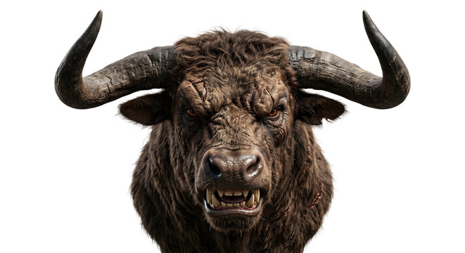 Fierce brown minotaur bull head close up