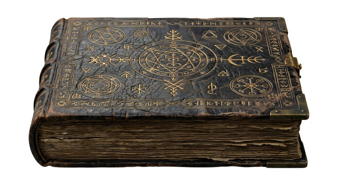 Ancient leather spellbook with golden magic runes