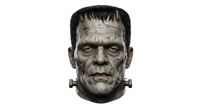 Frankenstein monster head with stitches and bolts