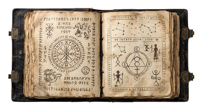 Open ancient grimoire book with magical spells
