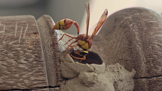 Potter wasp building mud nest on wooden surface, macro shot of mason wasp constructing clay cell, yellow and brown insect wildlife behavior