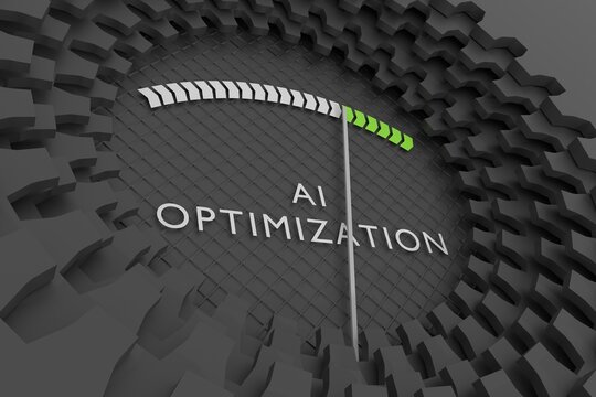 AI optimization meter showing high levels. AI-driven data analysis, and strategic performance management to boost business growth, technology adoption, and market success. 3D render