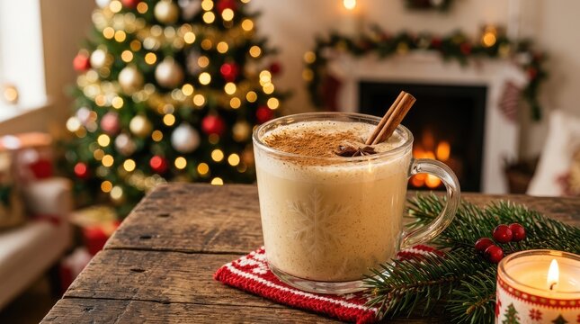 A warmly lit mug of spiced eggnog sits on a rustic wooden table, adorned with a red and white knit coaster and fresh cranberries.