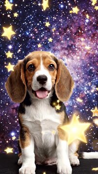 Cute Beagle Reaching for Floating Stars in Space - A happy and adorable Beagle puppy sits amidst a vibrant, starry galaxy background, reaching out a paw towards a glowing golden star.