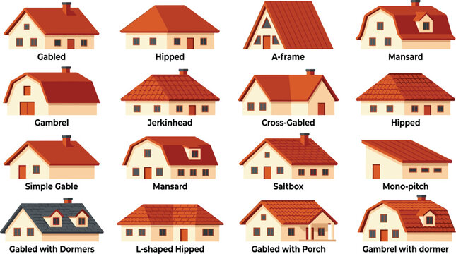 Architectural house roof types and shapes vector icon collection