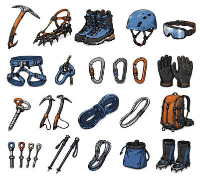 Ice Climbing Equipment Doodle Icon Set Simple Flat Scribble Collection