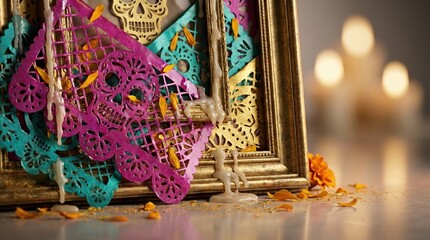 Obraz premium Mixed-media collage for Day of the Dead / Dia de los Muertos: papel picado layers, marigold petals, sugar skull motifs, candle wax, and framed photo edges arranged with vivid magenta, teal, and gold
