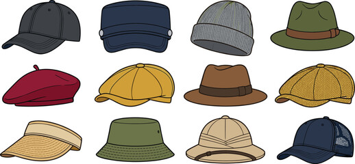 Hat collection featuring baseball cap fedora beanie bucket hat visor beret safari and casual headwear vector illustration set © Prodip