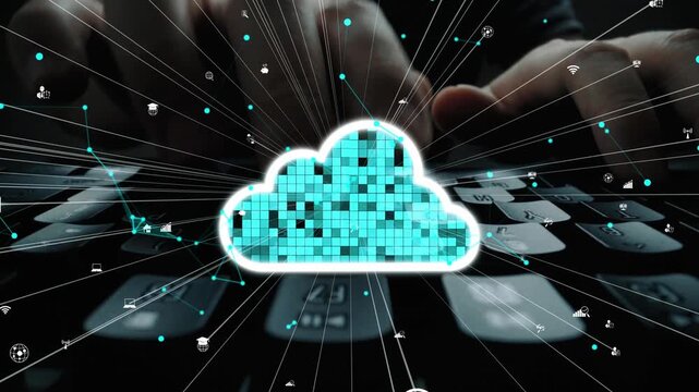 A striking visual representation of a digital cloud technology, showcasing a vibrant data stream connected to a keyboard, embodying innovation and connectivity. Xenic