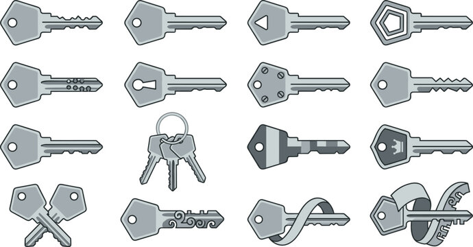 House key collection featuring metal door keys security keys keyring lock access and locksmith vector illustration set