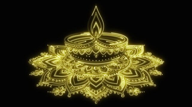 Diwali Diya symbol with glowing golden neon light path effect on plain black background