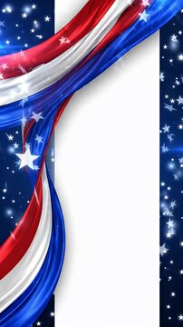 Red White Blue Abstract Wave with Stars Border - A dynamic, abstract wave of red, white, and blue fabric flows across a dark blue background filled with sparkling stars.
