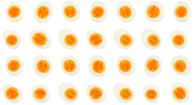 Seamless Pattern of Hard Boiled Eggs Halves, Top View, Isolated on White Background
