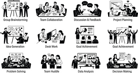 Obraz premium Professional Vector Set Featuring Various Office Business Situations Including Team Collaboration, Brainstorming, Project Planning, And Strategic Decision Making Processes
