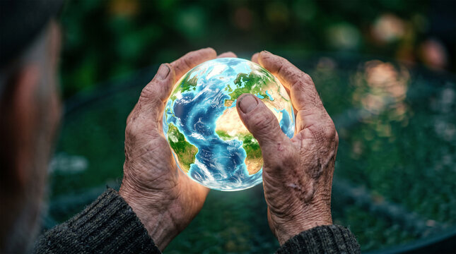 Hands of an older adult hold a luminous orb of the Earth to emphasize the urgent need for environmental advocacy and planetary conservation efforts.
