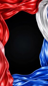 Elegant Red White Blue Silk Waves Frame - Flowing silk fabric in red, white, and blue creates an elegant, wavy frame against a dark background.
