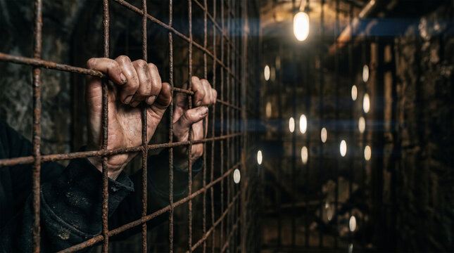 Prisoner hands grasp the weathered iron bars of an old dungeon cell while looking out into the dim light.