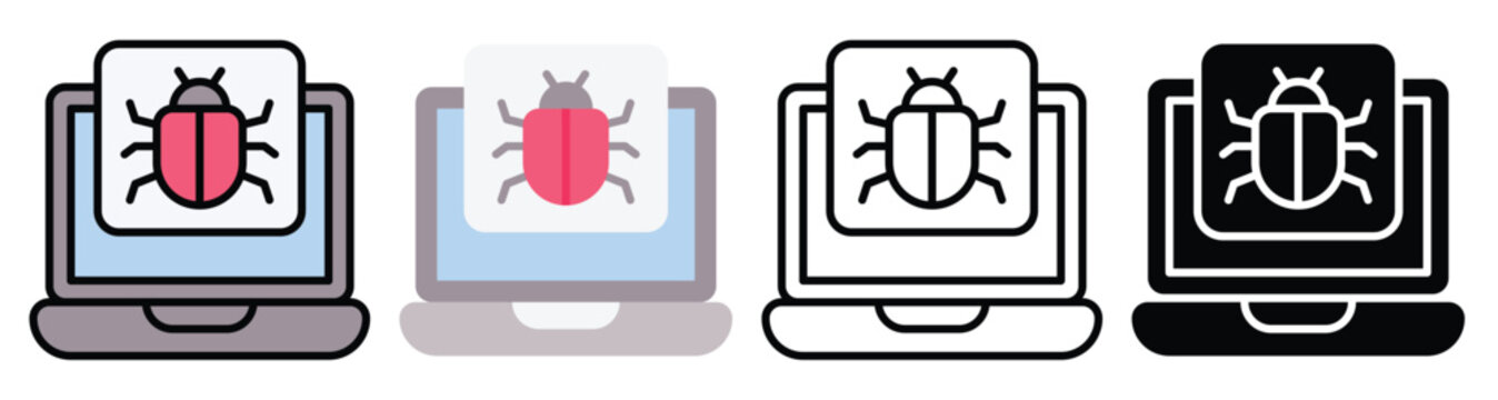 Laptop bug icon. Laptop computer screen with a bug, symbolysing digital threats, malware, or virus infection. Multiple Styles Icon Set.