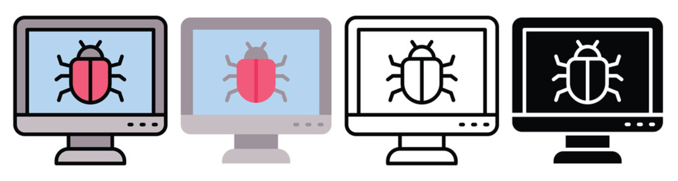Computer bug icon. computer screen with a bug, symbolyzing digital threats, malware, or virus infection. Multiple Styles Icon Set.