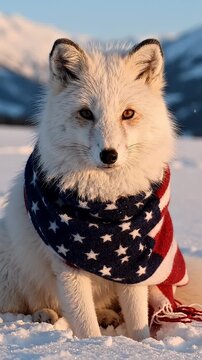 Adorable Arctic Fox Wearing American Flag Scarf in Snowy Landscape - A charming white arctic fox is wrapped in a scarf patterned with the American flag, sitting in a snow-covered winter landscape.