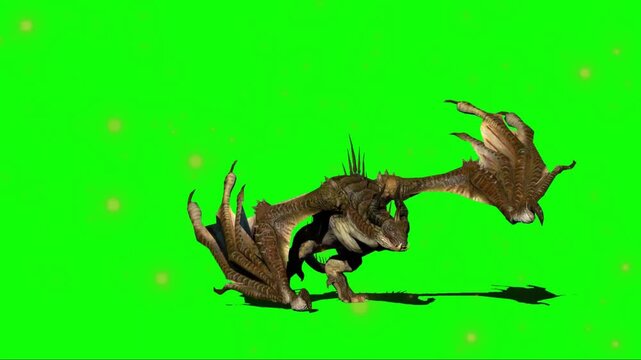 Animated dragon poses with confetti on green background