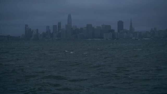 San Francisco Skyline Bay View With Stormy Sky And Choppy Sea - Wide Shot