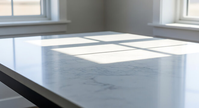 Sunlight Reflecting on a White Marble Kitchen Island with Window Shadows