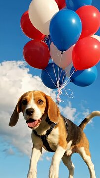 Happy Beagle Dog Floating with Red White Blue Balloons - A happy Beagle puppy is floating in the bright blue sky, lifted by a cluster of red, white, and blue balloons.