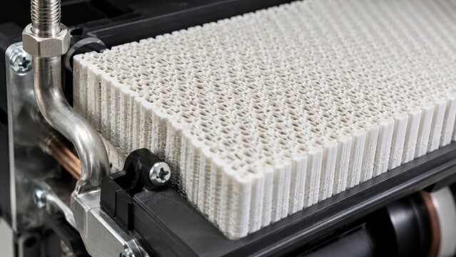 Close-up of a Hydrogen fuel cell stack membrane module in an industrial lab