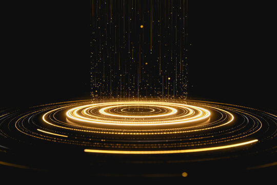 A futuristic abstract design featuring glowing golden concentric circles and falling light particles on a dark background.