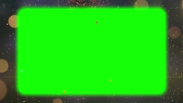 Festive celebration background with vibrant fireworks and falling confetti featuring a central green screen overlay for easy customization and professional video editing integration
